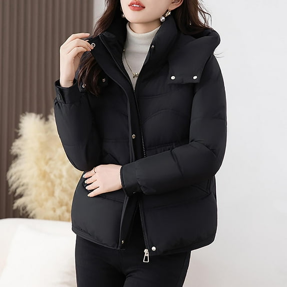 Roncen Casual Solid Color Hooded Winter Coats for Women - Warm Long Sleeve Winter Outerwear - Lightweight Insulated Zip-Up Jacket for Cold Weather