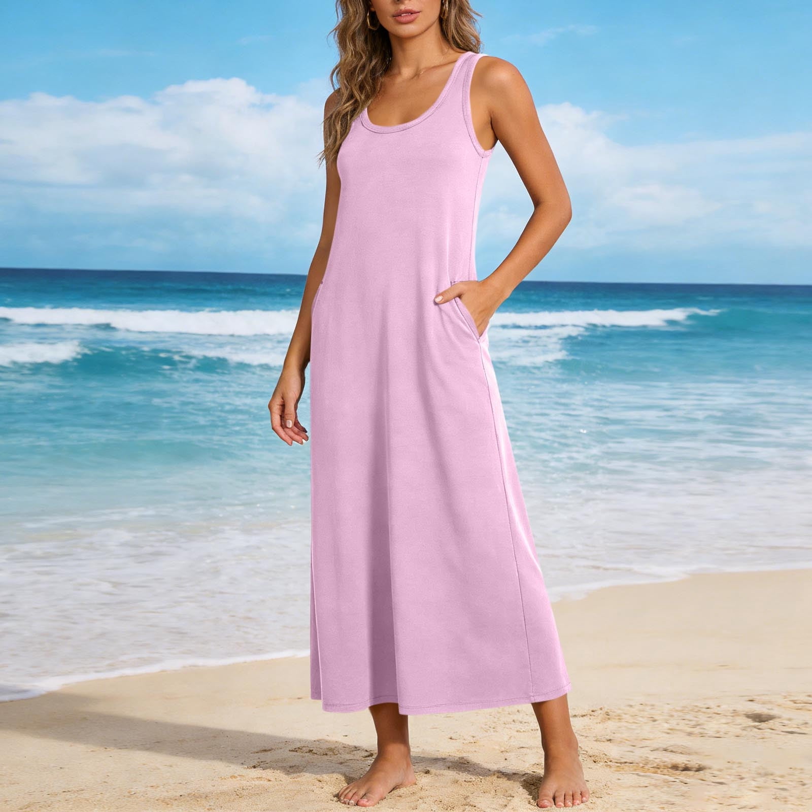 Roncen Casual Summer Sleeveless Maxi Dresses for Women 2026 Boho Square — free download