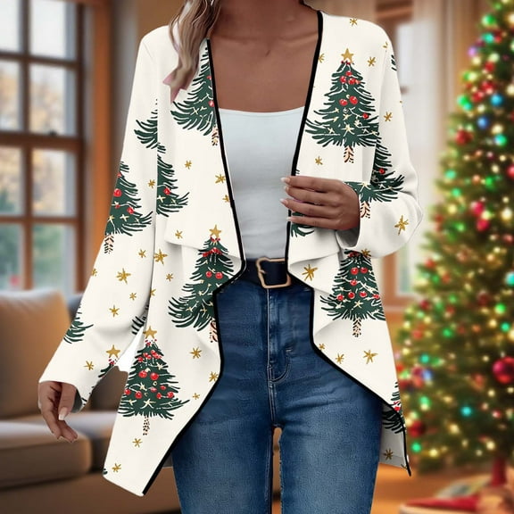 Roncen Christmas Floral Printed Cardigan Sweaters for Women - Casual Long Sleeve Open Front Lightweight Coat - Loose Fit Knit Sweater for Holiday Season Fashion Outerwear