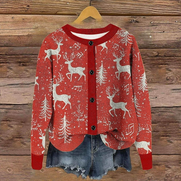 Roncen Christmas Print Cardigan Sweaters for Women - Button Front Long Sleeve Round Neck Casual Pullover - Holiday Floral Design Lightweight Knitwear Cozy Loungewear Top