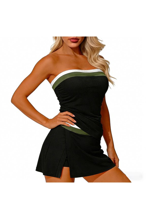 Colorblock Bandeau Tankini Swimsuits for Women 2 Piece Tummy Control Bathing Suit Drawstring Ruffle Swim Skort