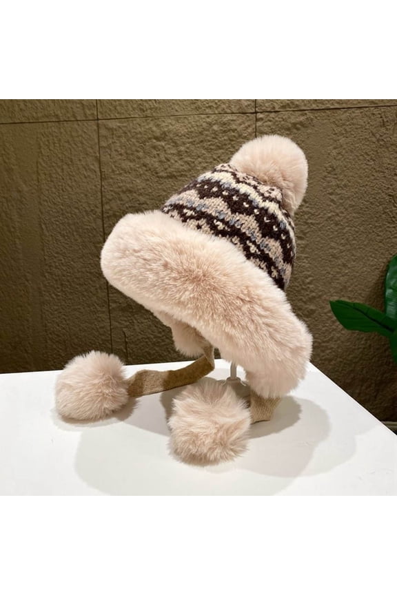 Colored Ball Ear Protector Knitted Hat Wool Blend Beanie Women Lace-Up Fringed Cap