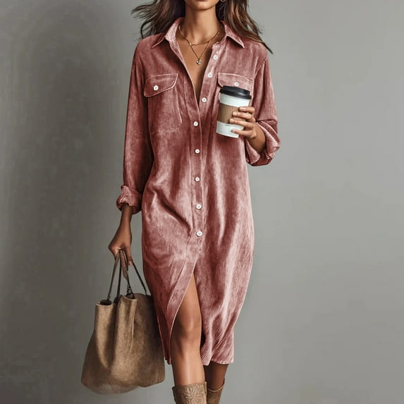 Roncen Corduroy Dress Women Vintage Long Sleeve Dress Button Down Shirt Dresses with Pockets Lapel V Neck Midi Dresses