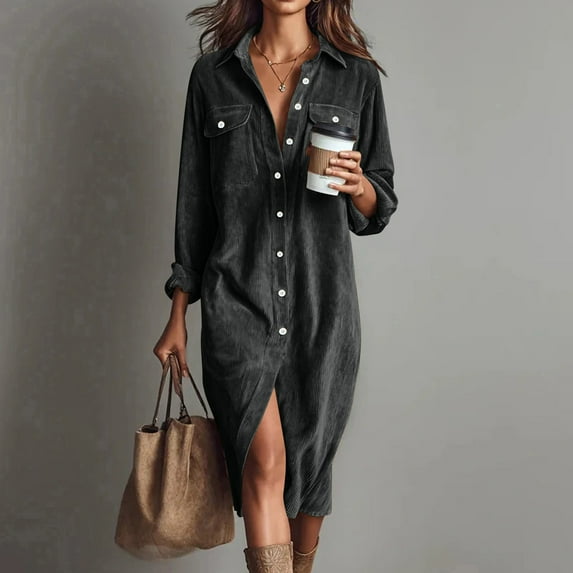 Roncen Corduroy Dress Women Vintage Long Sleeve Dress Button Down Shirt Dresses with Pockets Lapel V Neck Midi Dresses