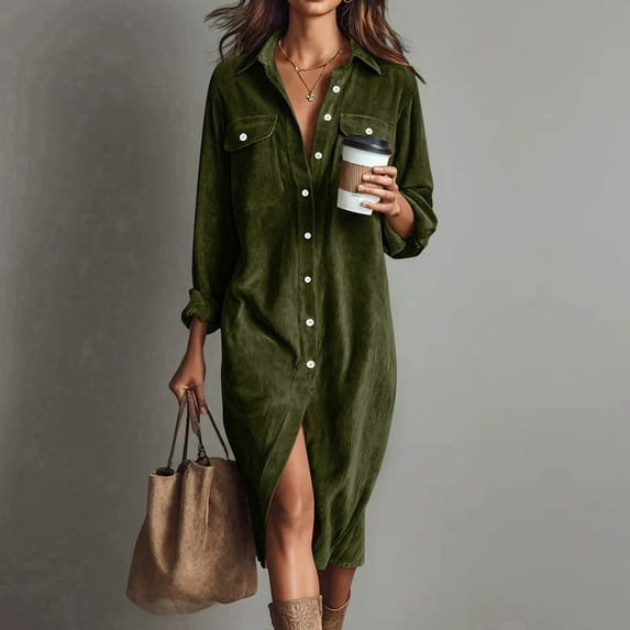 Roncen Corduroy Dress Women Vintage Long Sleeve Dress Button Down Shirt Dresses with Pockets Lapel V Neck Midi Dresses
