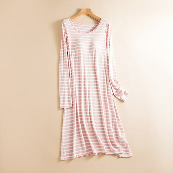 Roncen Cotton Nightgowns for Women with Built-in Bra, Soft Striped Long Sleeve Sleepshirt, Spring House Dress
