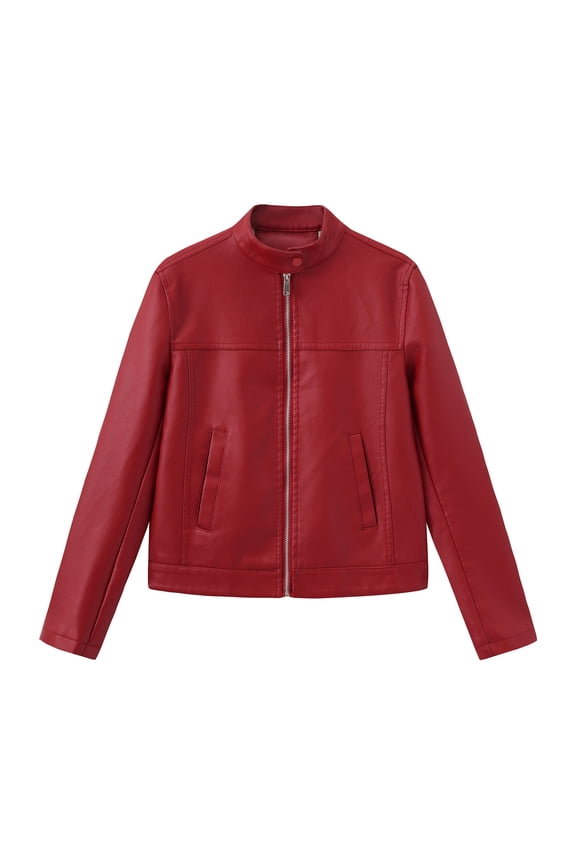 Fall Casual Leather Jacket for Women - Relaxed Fit Biker Style Long Sleeve Coat - Solid Color Zip Front Outerwear with Genuine Leather Detailing