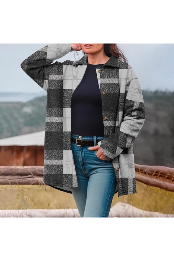 Fleece-Lined Winter Coats for Women - Casual Warm Plush Loose Fit Turn-Down Collar Jacket - Button Front Long Sleeve Outerwear with Stylish Printed Design for Daily Wear