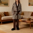 thumbnail image 1 of Roncen Fuzzy Fleece Robe Striped Plush Kimono Warm Thick Fluffy Oversized V Neck Bathrobe, 1 of 7