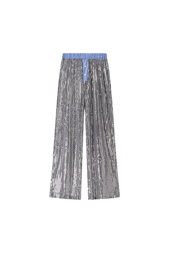 Girls Sequin Flare Pants Sparkle Elastic Waist Dance Pants with Pockets