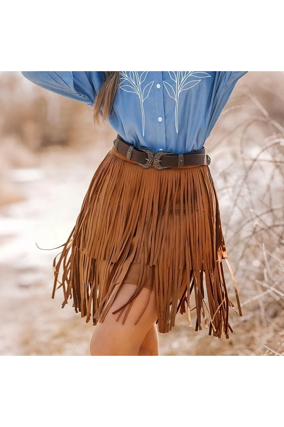 Girls and Women Suede Fringe Skirt Boho Tassel Layered Ruffle Skirt
