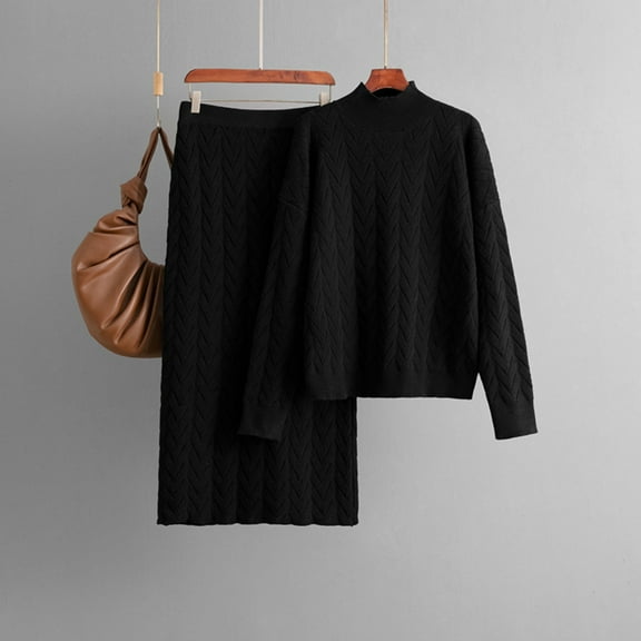 Roncen Knit Set - High Neck Sweater & Midi Skirt for Fall/Winter Office Wear