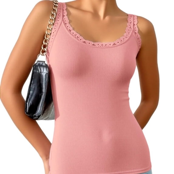 Roncen Lace Camisole Tank Tops for Women Round Neck Wide Strap Soft Ribbed Lace Trim Cami