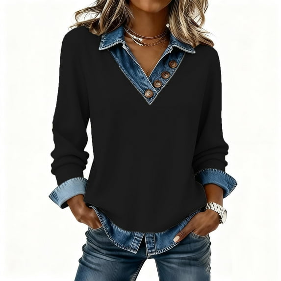 Roncen Lightweight Sweaters for Women Long Sleeve Button Up Collared Sweaters with Denim Collar Vintage Western Outfits