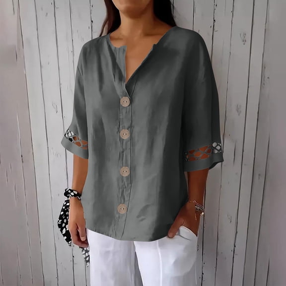 Roncen Linen Blend Top with Lace Sleeves, Women's Charcoal 3/4 Sleeve Tunic, Button-Front Crew Neck Blouse