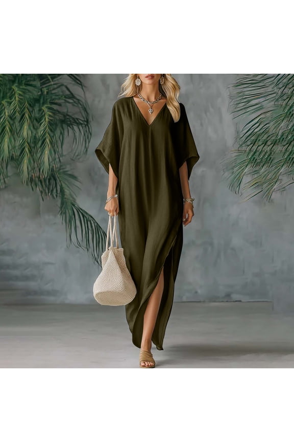 Linen Dress Women Summer Casual Loose Kaftan Dresses Moo Moos Beach Vacation Cover Up Cotton Maxi Dress Loungewear