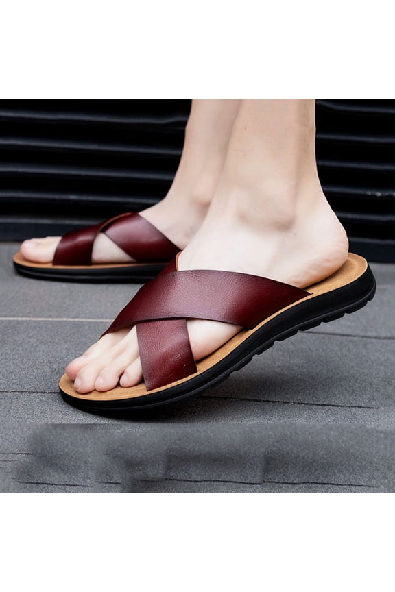 Men's Leather Sandals 2026 Footwear Criss Cross House Slippers Summer Beach Slide Sandals