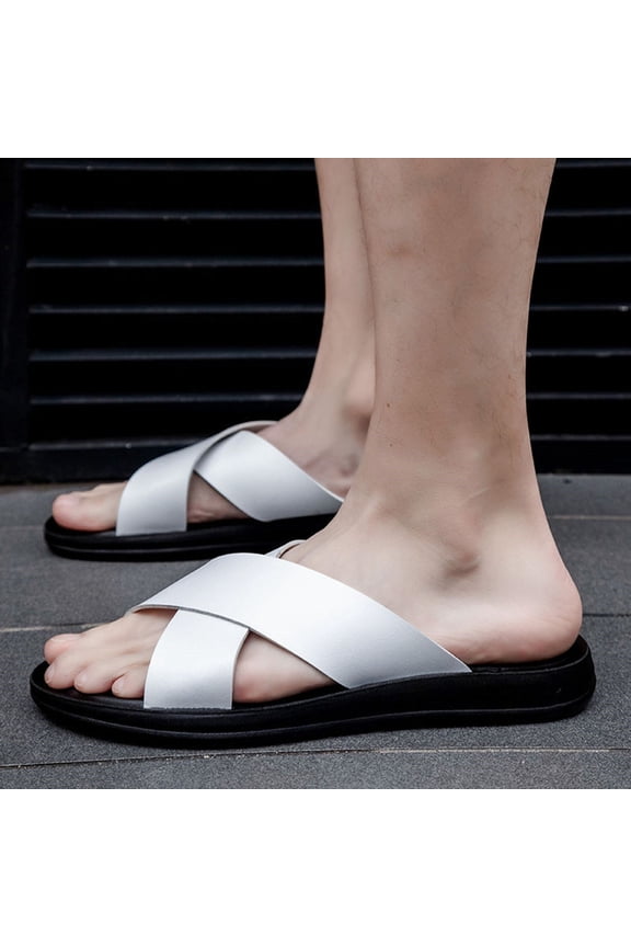 Men's Leather Sandals 2026 Footwear Criss Cross House Slippers Summer Beach Slide Sandals