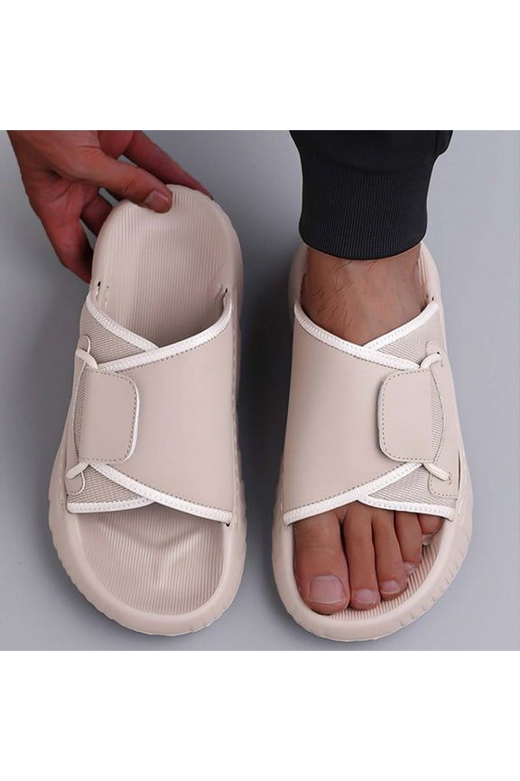 Men's Two-Tone Hook and Loop Sandals, Breathable Cross Strap Slide with Leather Buckle, Cloud-Like Cushioning for Spring Summer Beach and Casual Wear