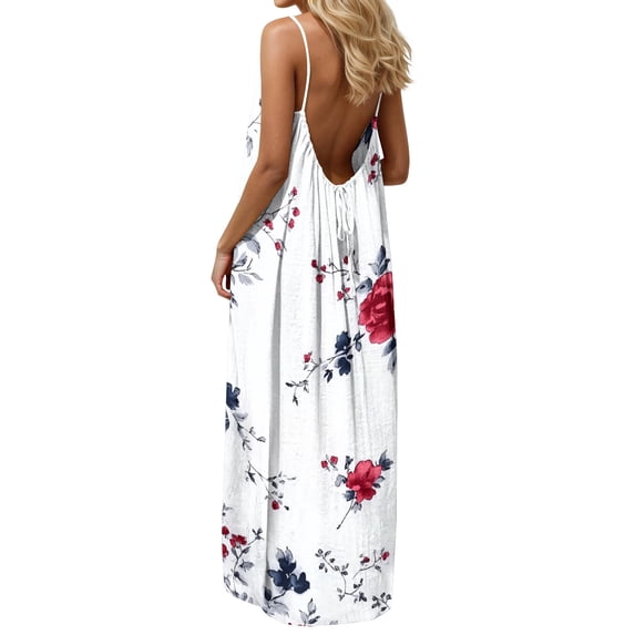 Roncen Midi Dresses for Women Backless Cami Dress Low Back Boho Beach Dress Summer Spaghetti Strap Flowy Dress with Back Tie