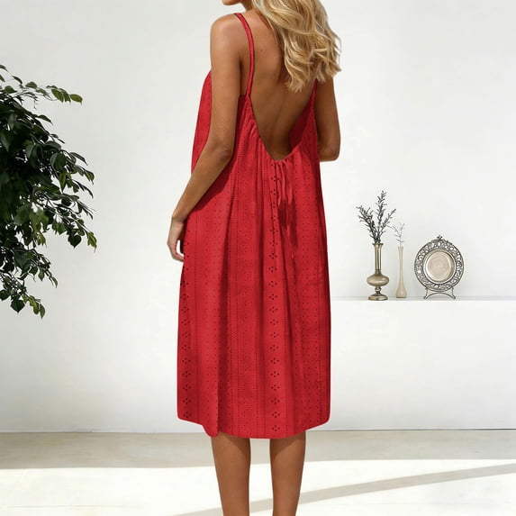 Roncen Midi Dresses for Women Backless Cami Dress Low Back Boho Beach Dress Summer Spaghetti Strap Flowy Dress with Back Tie
