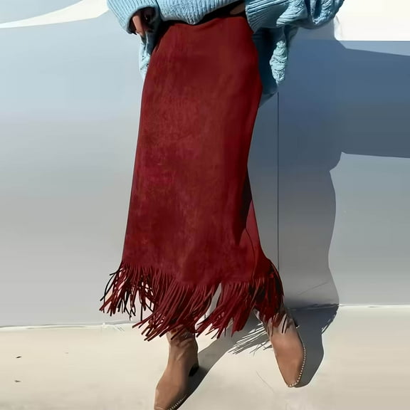 Roncen Midi Skirt for Women Fringe Brown High Waist Elegant Swing Casual Maxi A line Spring Fall Skirts for Women