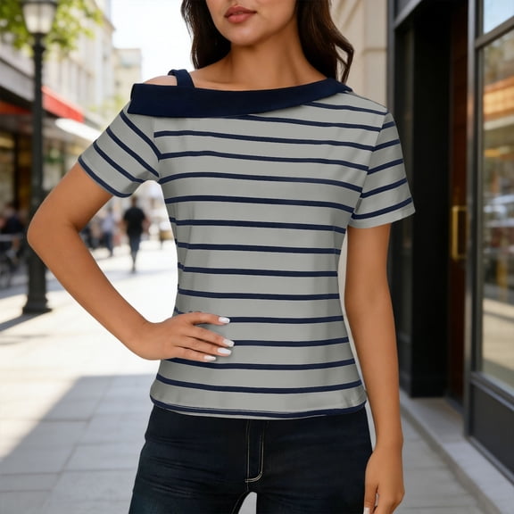 Roncen One Shoulder Off-Shoulder Top for Women, Striped Asymmetric T-Shirt, Casual Short Sleeve Summer Tee