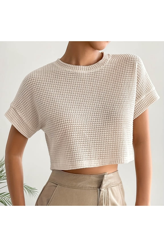 Pineapple Knit Crop Top, Textured Short Sleeve T-Shirt in Oversized Loose Fit
