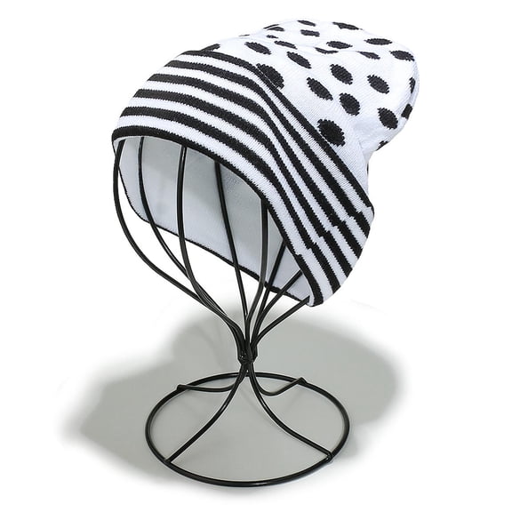 Roncen Playful Polka Dot & Stripe Beanie, Women's Knit Winter Hat with Contrast Brim, Cute Slouchy Trapper Hat
