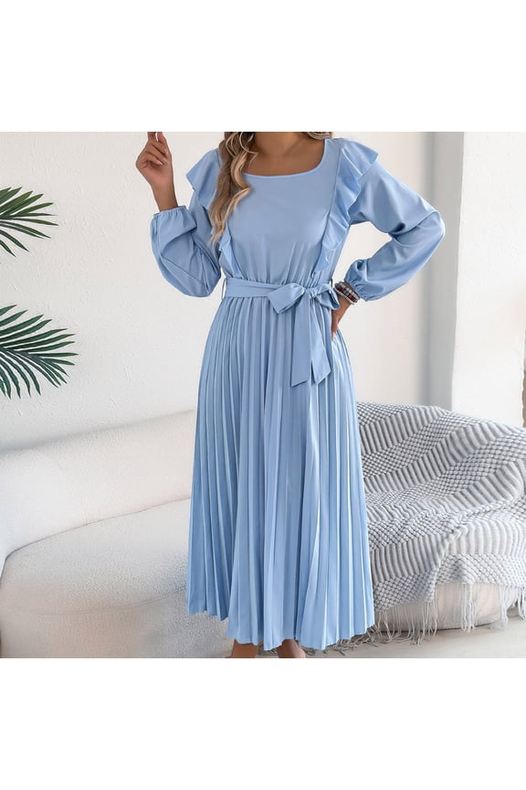 Pleated Maxi Dress, Square Neck A Line, Fall Holiday, Long Sleeve Modest Business Casual Flowy Dresses for Women