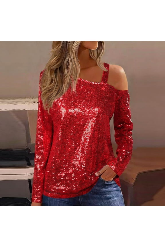 Red Sequin One Shoulder Top, Women's Long Sleeve Asymmetric Off-Shoulder Blouse, Sparkling Party & Evening Wear