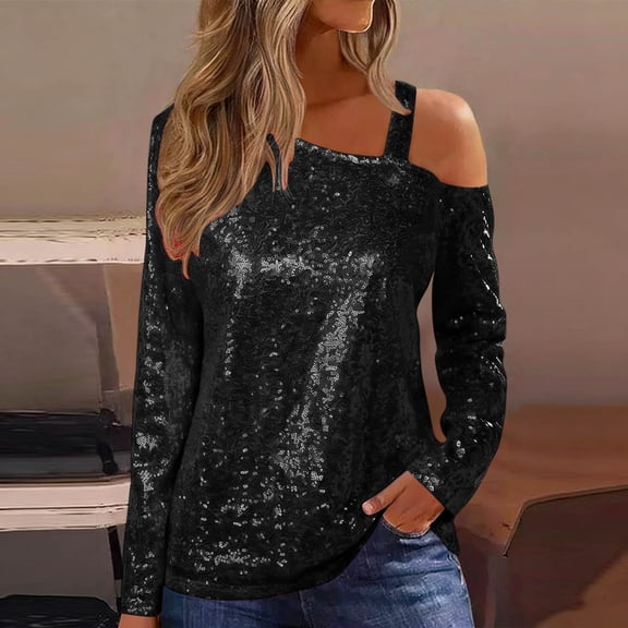 Roncen Red Sequin One Shoulder Top, Women's Long Sleeve Asymmetric Off-Shoulder Blouse, Sparkling Party & Evening Wear