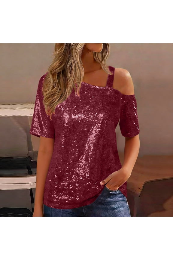 Red Sequin One Shoulder Top, Women's Short Sleeve Asymmetric Off-Shoulder Blouse, Sparkling Party & Evening Wear