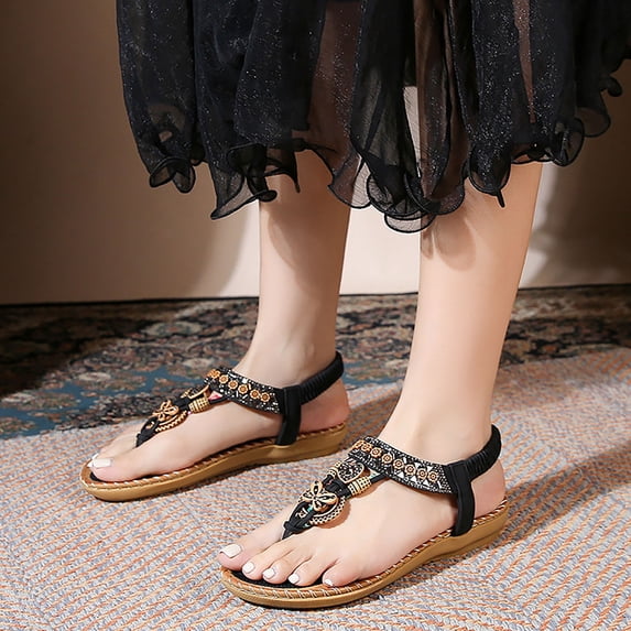 Roncen Sandals Women Flat Shoes: Dressy Summer Bohemian Flats Shoes for Women Sandals Comfortable Ankle Strap Outdoor Walking