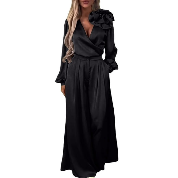 Roncen Satin Two-Piece Set - V-Neck Blouse & Wide Leg Pants for Office Casual Wear