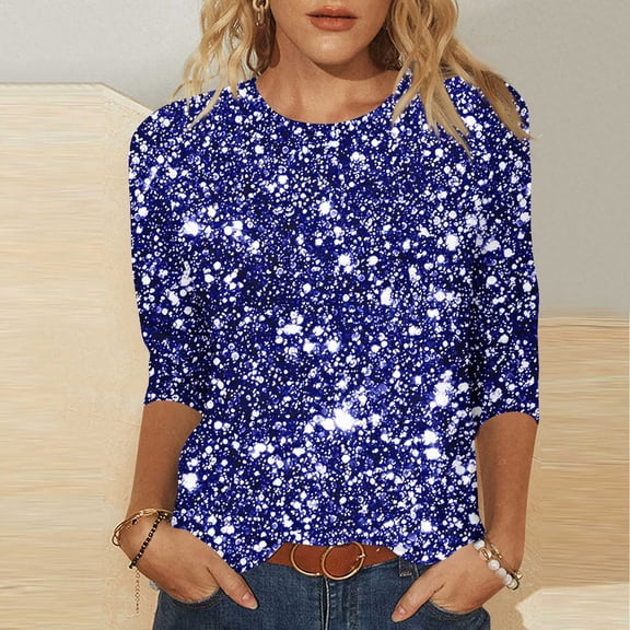 Roncen Sequin Top for Women, Sparkling Three-Quarter Sleeve Pullover with Crew Neck, Casual Glam Shirt