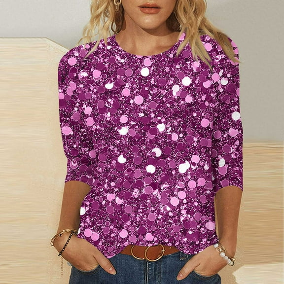 Roncen Sequin Top for Women, Sparkling Three-Quarter Sleeve Pullover with Crew Neck, Casual Glam Shirt