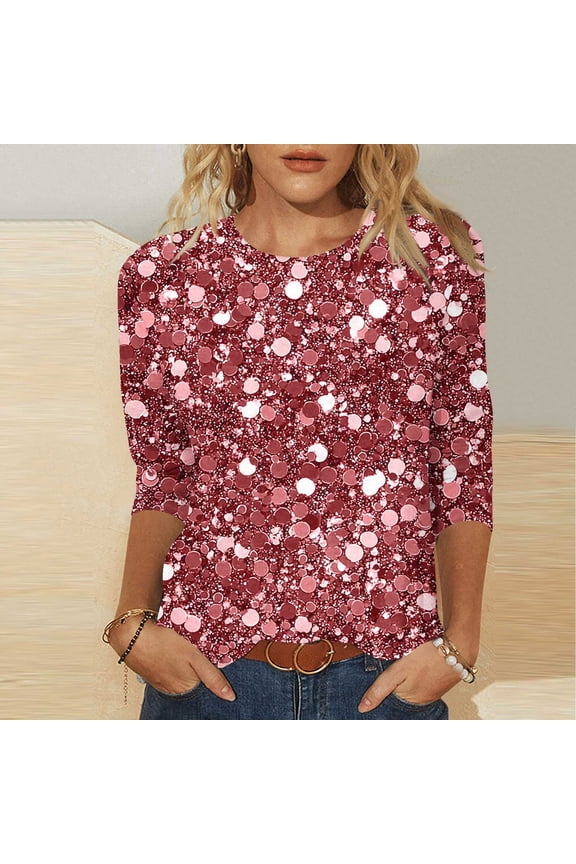 Sequin Top for Women, Sparkling Three-Quarter Sleeve Pullover with Crew Neck, Casual Glam Shirt