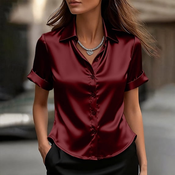 Roncen Silk Button Down Shirts for Women Satin Short Sleeve V Neck Casual Work Office Blouse Tunic Tops