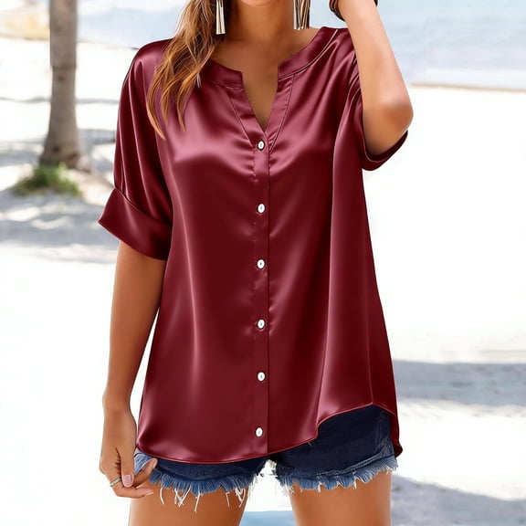 Roncen Silk Button Down Shirts for Women Satin Short Sleeve V Neck Casual Work Office Blouse Tunic Tops