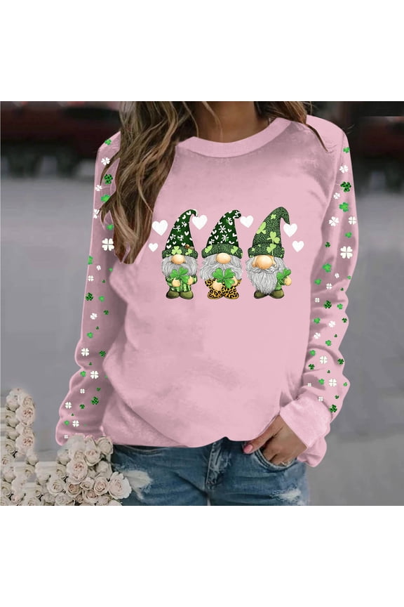 St. Patrick's Day T-Shirt Womens Funny Shamrock Printed Sequined Splicing Sleeve Casual Lucky Clover Heart Graphic Tee Tops