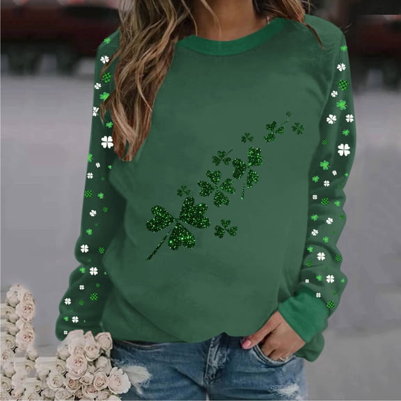 Roncen St. Patrick's Day T-Shirt Womens Funny Shamrock Printed Sequined Splicing Sleeve Casual Lucky Clover Heart Graphic Tee Tops