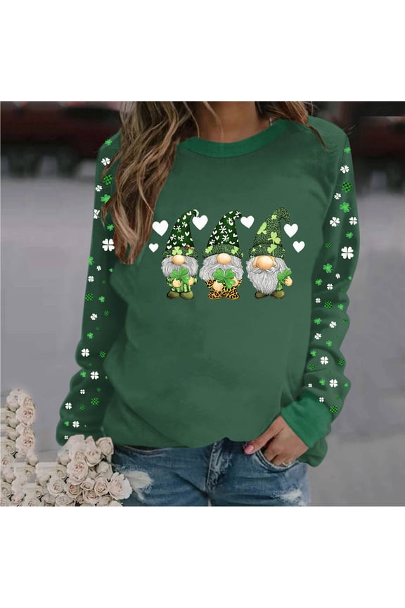 St. Patrick's Day T-Shirt Womens Funny Shamrock Printed Sequined Splicing Sleeve Casual Lucky Clover Heart Graphic Tee Tops