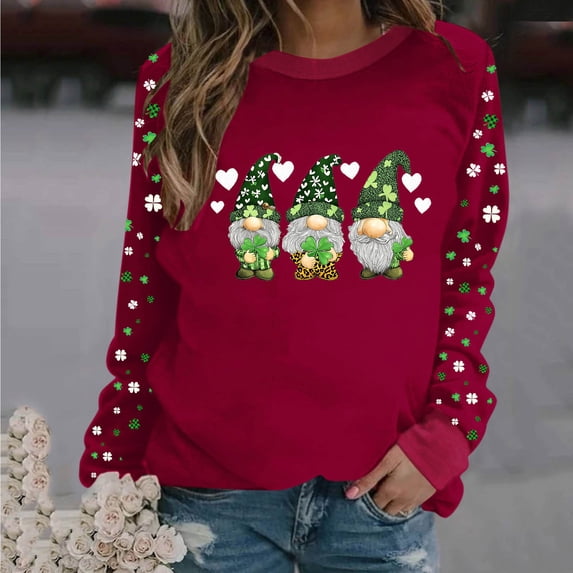 Roncen St. Patrick's Day T-Shirt Womens Funny Shamrock Printed Sequined Splicing Sleeve Casual Lucky Clover Heart Graphic Tee Tops