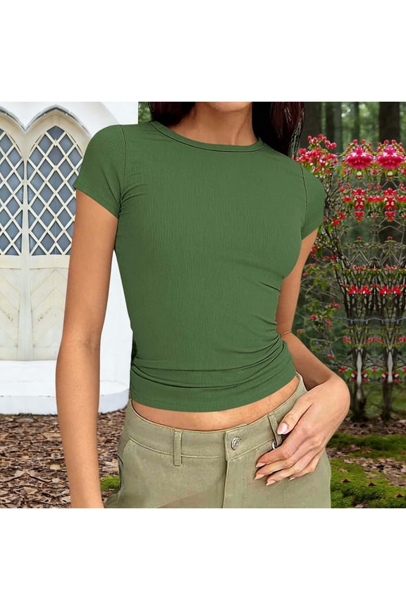 Summer Causal Short Sleeve Blouse Round Neck Crop Tops Basic Tee T-Shirt