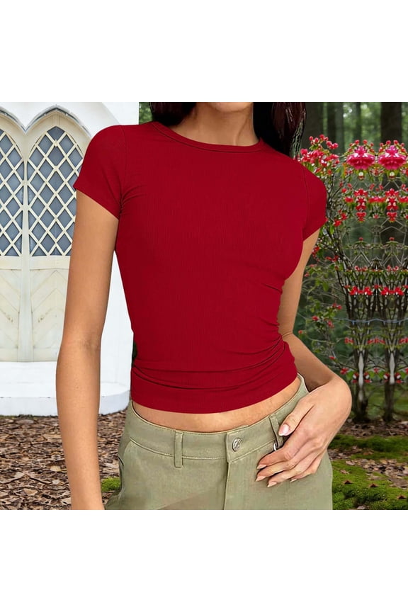 Summer Causal Short Sleeve Blouse Round Neck Crop Tops Basic Tee T-Shirt