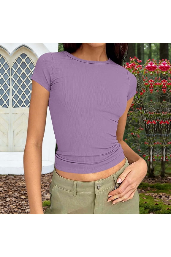 Summer Causal Short Sleeve Blouse Round Neck Crop Tops Basic Tee T-Shirt
