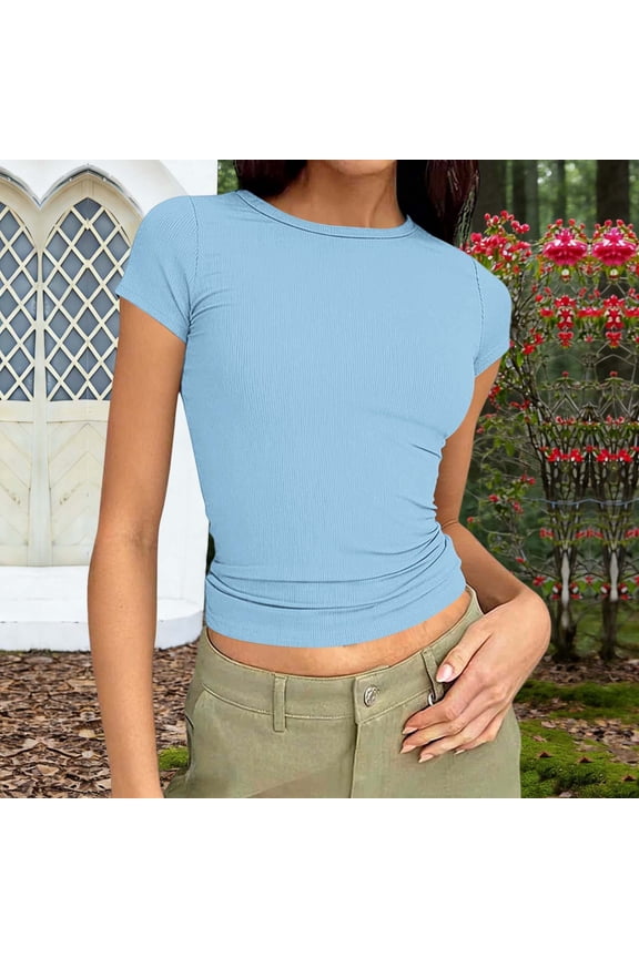 Summer Causal Short Sleeve Blouse Round Neck Crop Tops Basic Tee T-Shirt