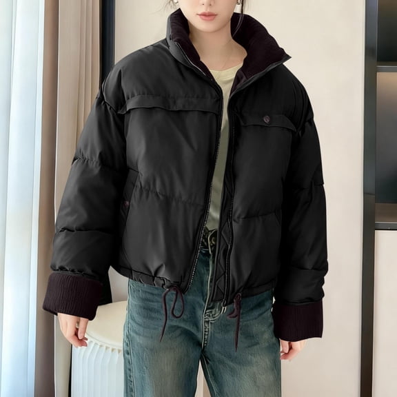 Roncen Thickened Fleece-Lined Winter Coats for Women - Stand Collar Long Sleeve Zip Up Outerwear - Casual Solid Color Parka with Functional Pockets