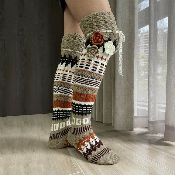 Roncen Thigh High Socks Over Knee High Retro Knitted Stocking Colorful Leg Warmers